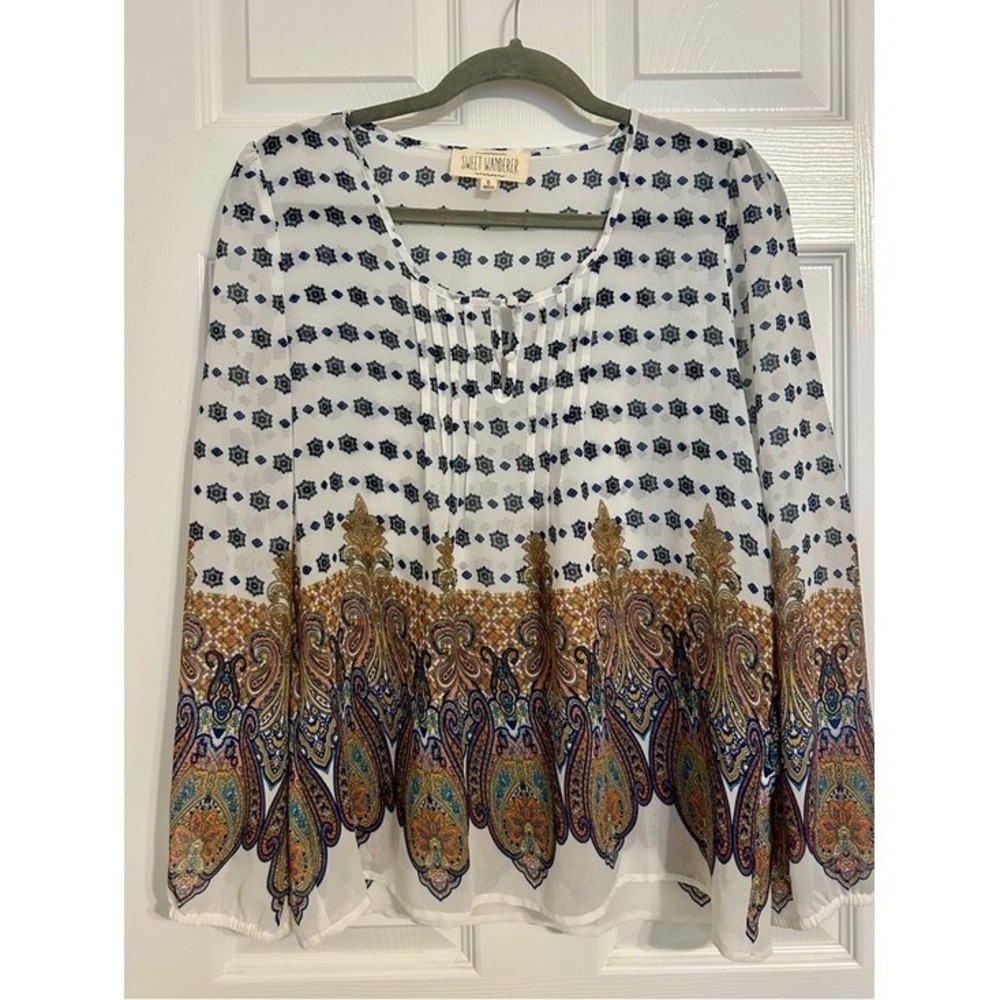 White Paisley Border Print Peasant Blouse by Sweet Wanderer